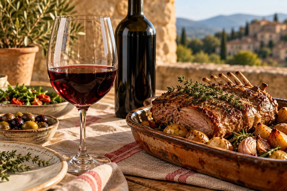 Verre de vin rouge près d’un rôti d’agneau au thym et d’une bouteille sans étiquette
