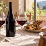Bouteille de Fleurie servie à table avec un rôti de porc aux pommes et aux châtaignes