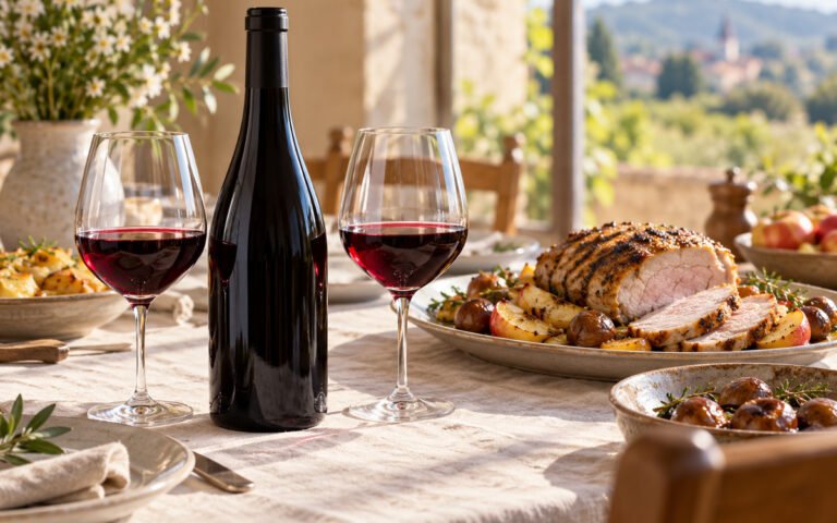 Bouteille de Fleurie servie à table avec un rôti de porc aux pommes et aux châtaignes