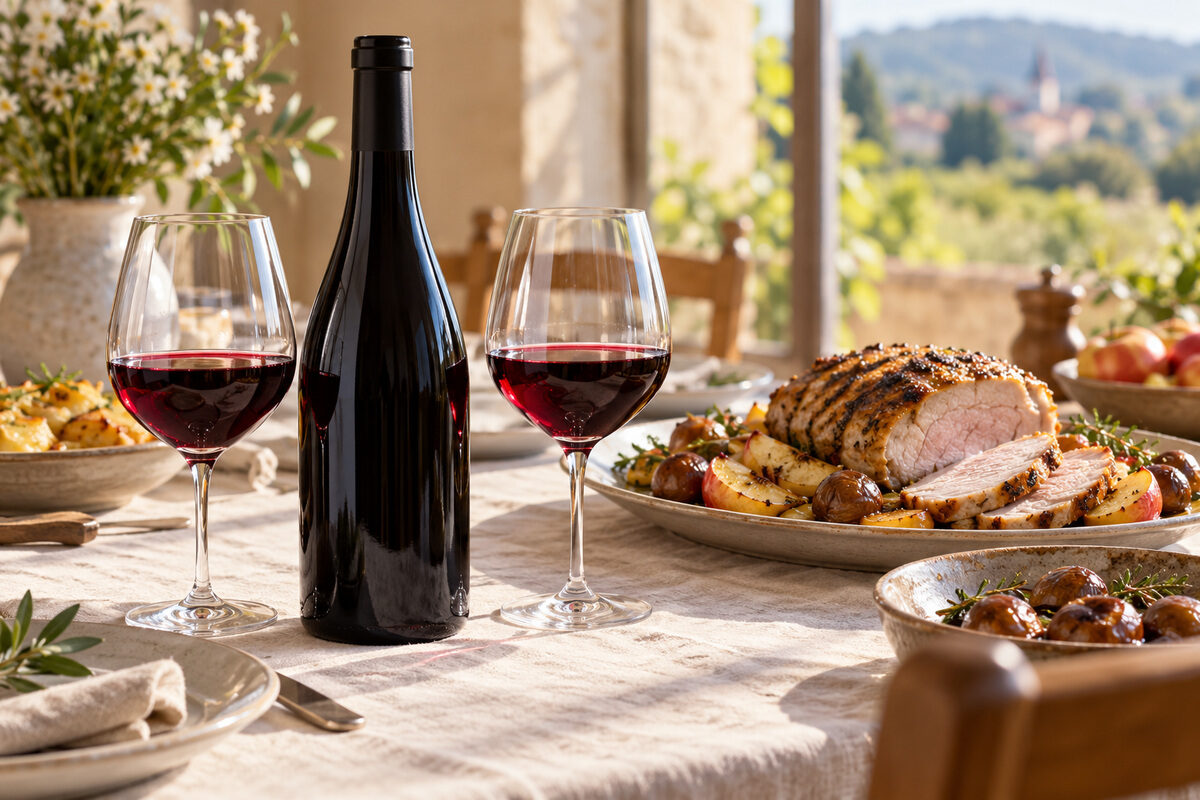 Bouteille de Fleurie servie à table avec un rôti de porc aux pommes et aux châtaignes