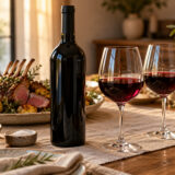 Bouteille de vin sans étiquette près d’un plat d’agneau rôti
