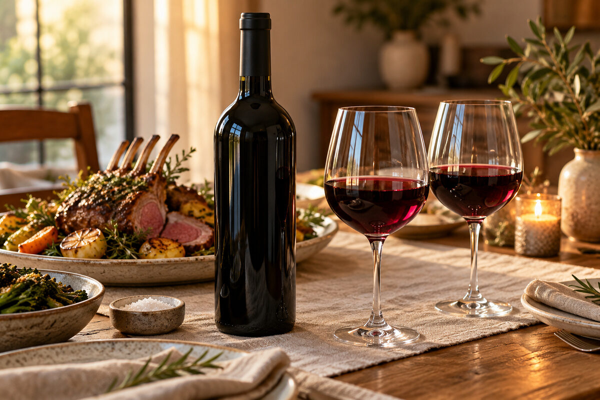 Bouteille de vin sans étiquette près d’un plat d’agneau rôti