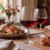 Deux verres de vin rouge près d’une volaille rôtie et de champignons