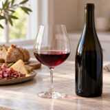 Verre de vin rouge, bouteille sans étiquette et petite assiette de charcuterie