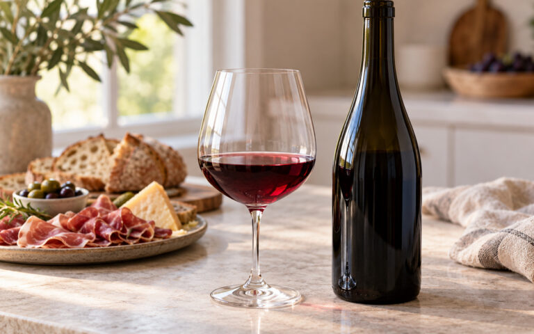 Verre de vin rouge, bouteille sans étiquette et petite assiette de charcuterie