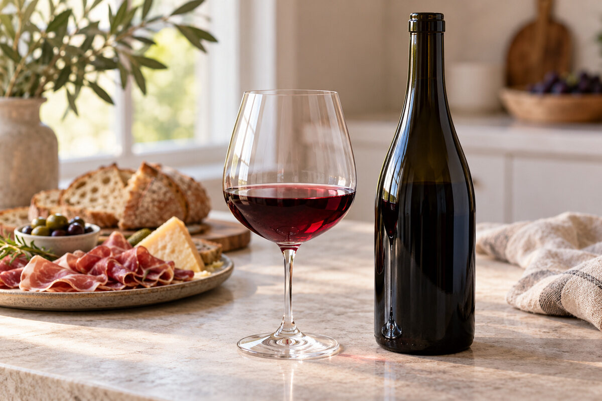 Verre de vin rouge, bouteille sans étiquette et petite assiette de charcuterie