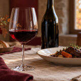 Verre de vin rouge à table, bouteille sans étiquette et plat mijoté à l’arrière-plan