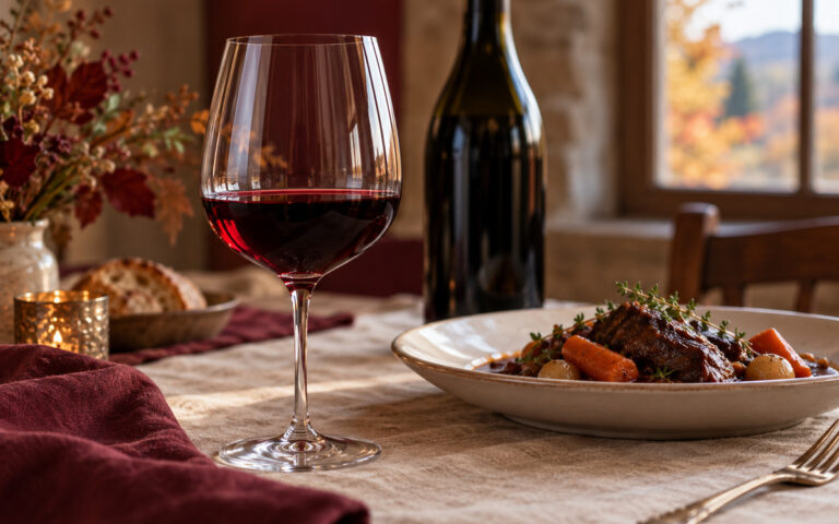 Verre de vin rouge à table, bouteille sans étiquette et plat mijoté à l’arrière-plan
