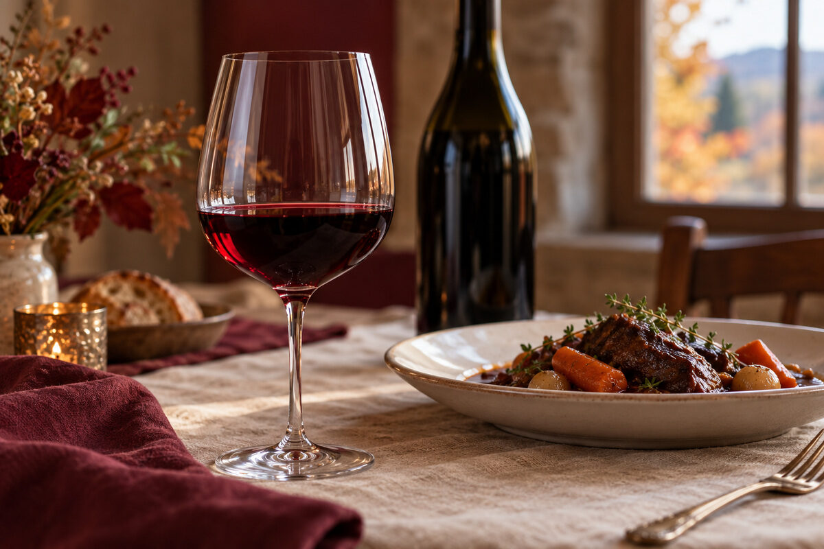 Verre de vin rouge à table, bouteille sans étiquette et plat mijoté à l’arrière-plan