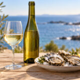 Verre de vin blanc, bouteille sans étiquette et huîtres sur une table lumineuse