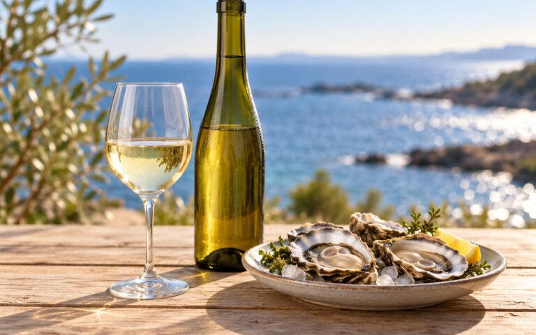 Verre de vin blanc, bouteille sans étiquette et huîtres sur une table lumineuse
