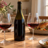 Deux verres de vin rouge et une bouteille sans étiquette à côté d’une volaille rôtie.