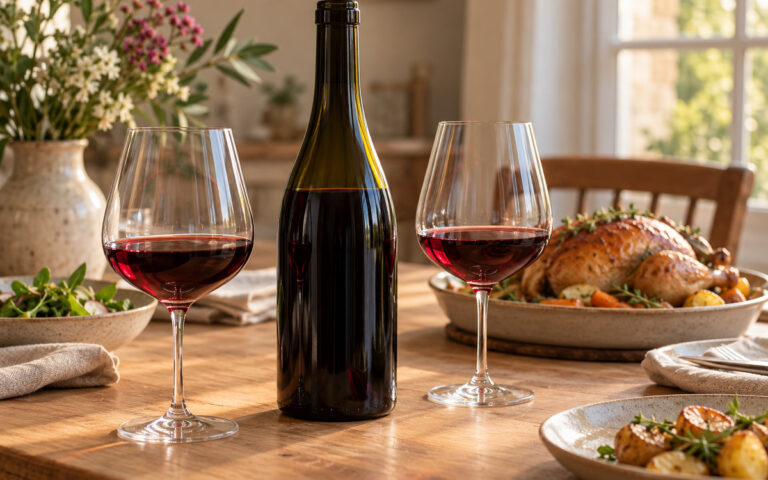 Deux verres de vin rouge et une bouteille sans étiquette à côté d’une volaille rôtie.
