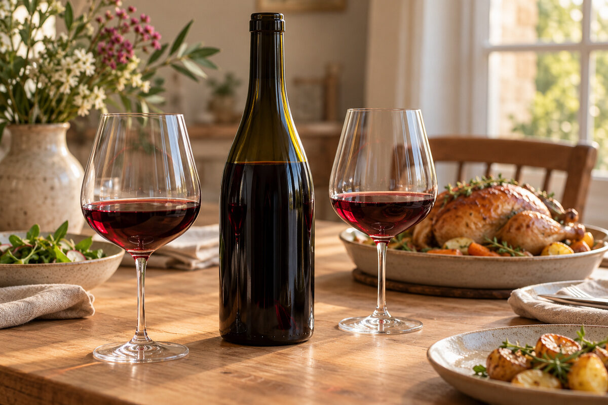 Deux verres de vin rouge et une bouteille sans étiquette à côté d’une volaille rôtie.