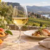 Verre de vin blanc, abricots et volaille à la crème sur une table devant un paysage viticole imaginaire