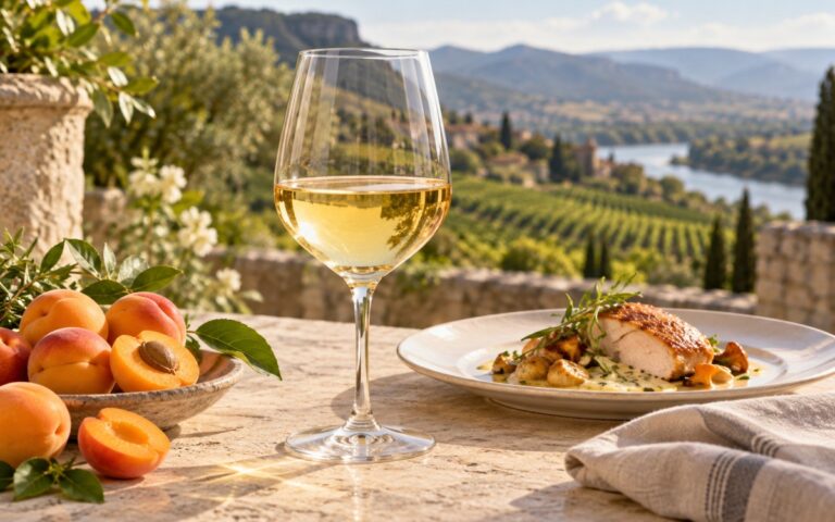 Verre de vin blanc, abricots et volaille à la crème sur une table devant un paysage viticole imaginaire