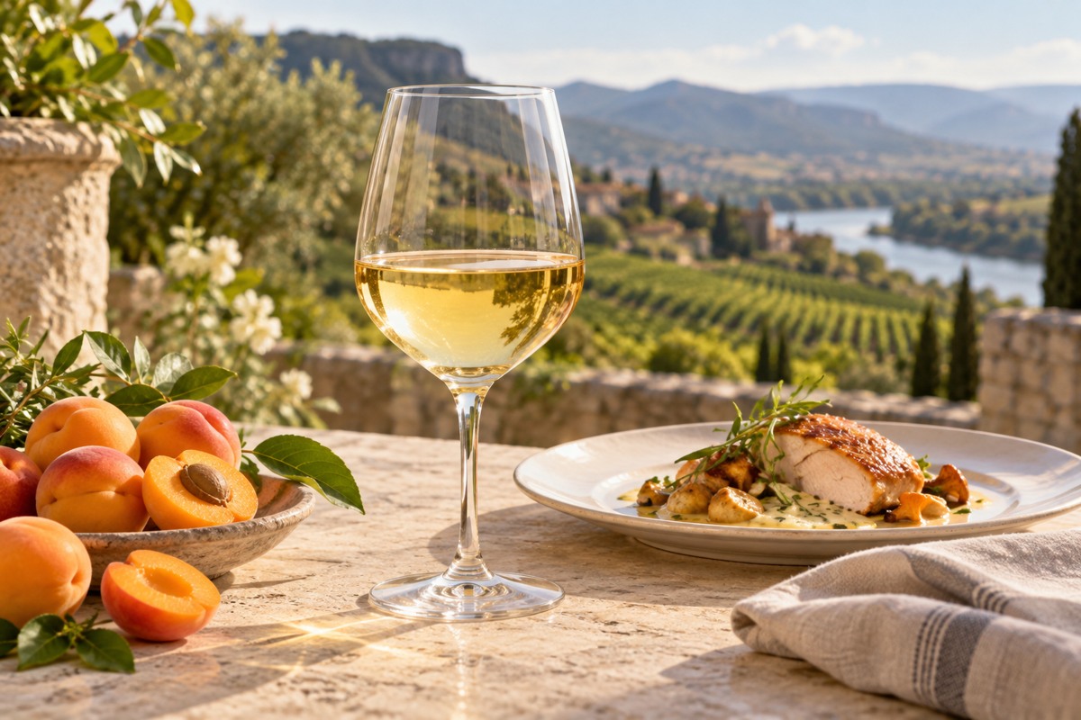 Verre de vin blanc, abricots et volaille à la crème sur une table devant un paysage viticole imaginaire