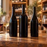 Bouteilles sans étiquette et verres de dégustation sur le comptoir d’une cave à vin