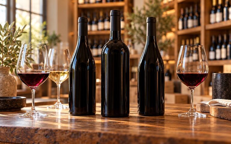 Bouteilles sans étiquette et verres de dégustation sur le comptoir d’une cave à vin