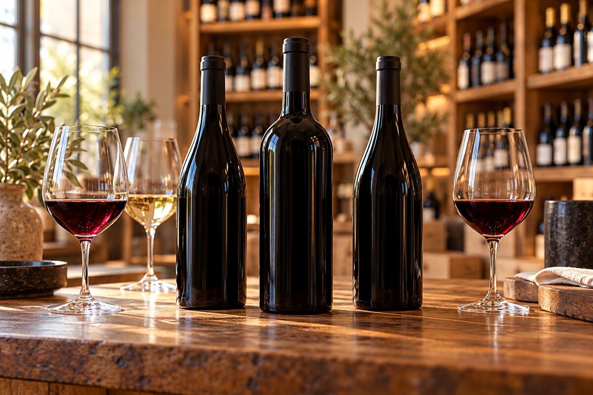 Bouteilles sans étiquette et verres de dégustation sur le comptoir d’une cave à vin