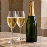 Deux verres de champagne et une bouteille sans étiquette sur un comptoir en pierre