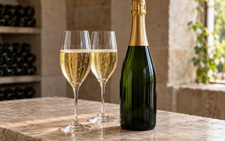 Deux verres de champagne et une bouteille sans étiquette sur un comptoir en pierre