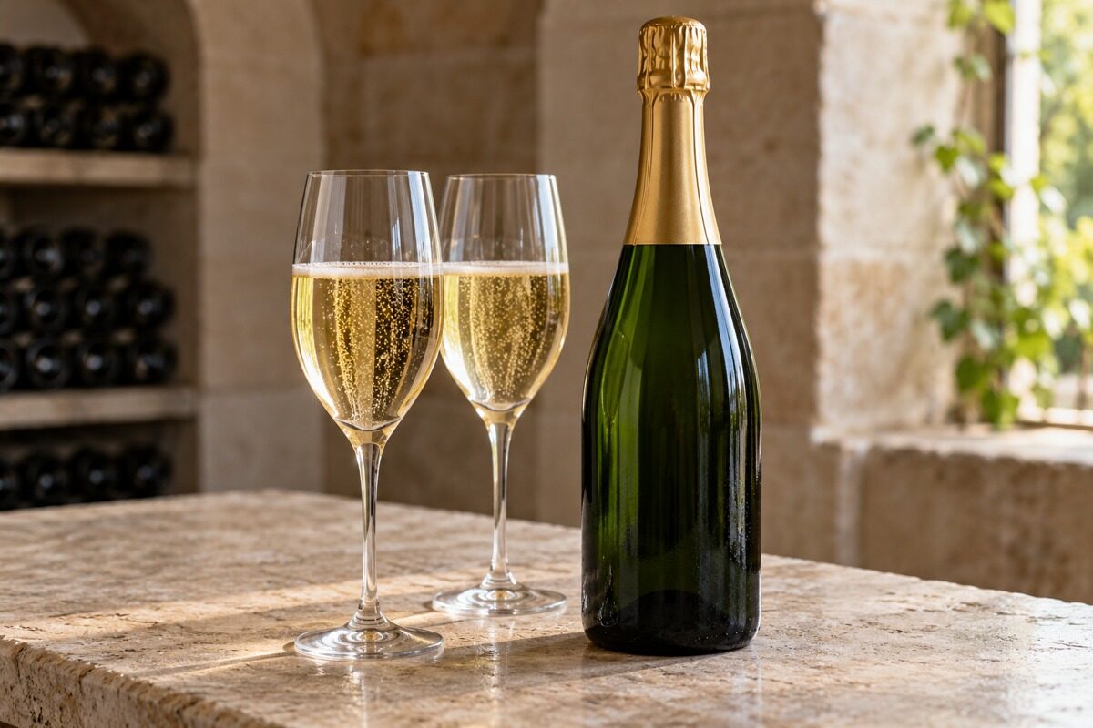 Deux verres de champagne et une bouteille sans étiquette sur un comptoir en pierre