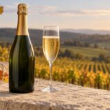 Bouteille de champagne sans étiquette et verre sur un muret devant des vignes en automne