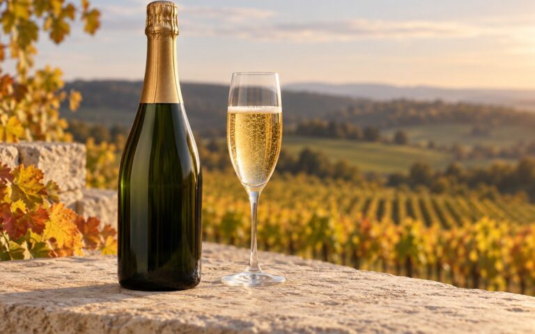 Bouteille de champagne sans étiquette et verre sur un muret devant des vignes en automne