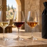 Trois verres de vin blanc, rouge et ambré devant une bouteille masquée pour une dégustation à l’aveugle