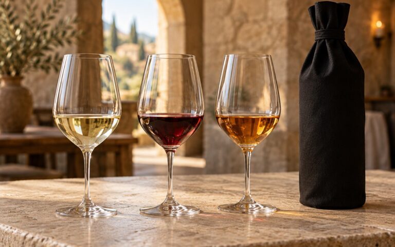 Trois verres de vin blanc, rouge et ambré devant une bouteille masquée pour une dégustation à l’aveugle