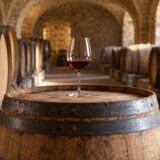 Verre de vin rouge posé sur une barrique dans une cave en pierre