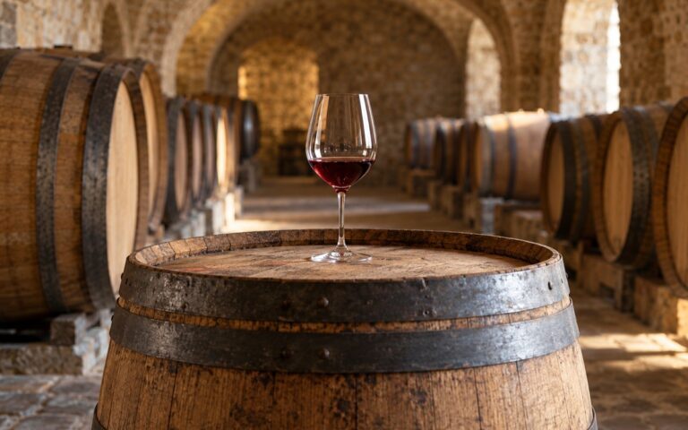 Verre de vin rouge posé sur une barrique dans une cave en pierre