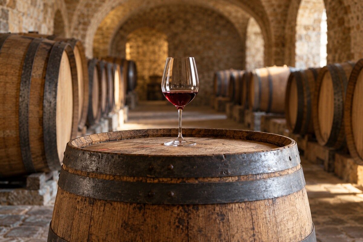 Verre de vin rouge posé sur une barrique dans une cave en pierre