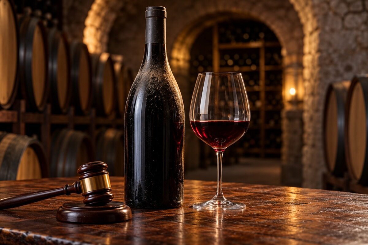 Bouteille sans étiquette, verre de vin rouge et marteau de vente dans une cave