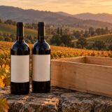 Deux bouteilles de vin sans marque et une caisse en bois devant des vignes en automne