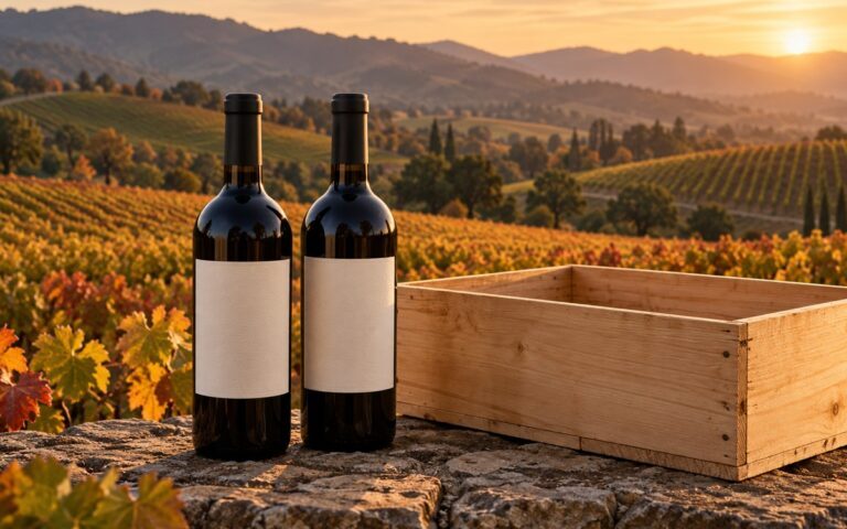 Deux bouteilles de vin sans marque et une caisse en bois devant des vignes en automne