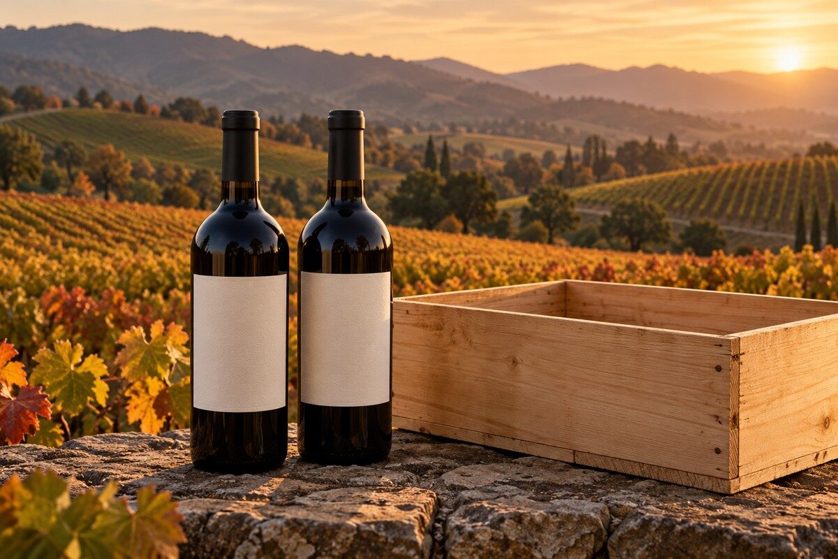 Deux bouteilles de vin sans marque et une caisse en bois devant des vignes en automne