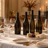 Bouteilles de vin sans étiquette, verres et fromages sur une table de dîner