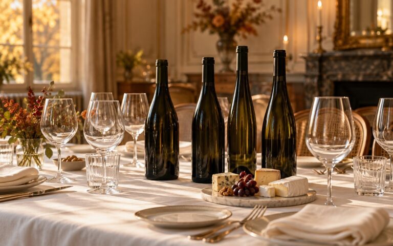Bouteilles de vin sans étiquette, verres et fromages sur une table de dîner