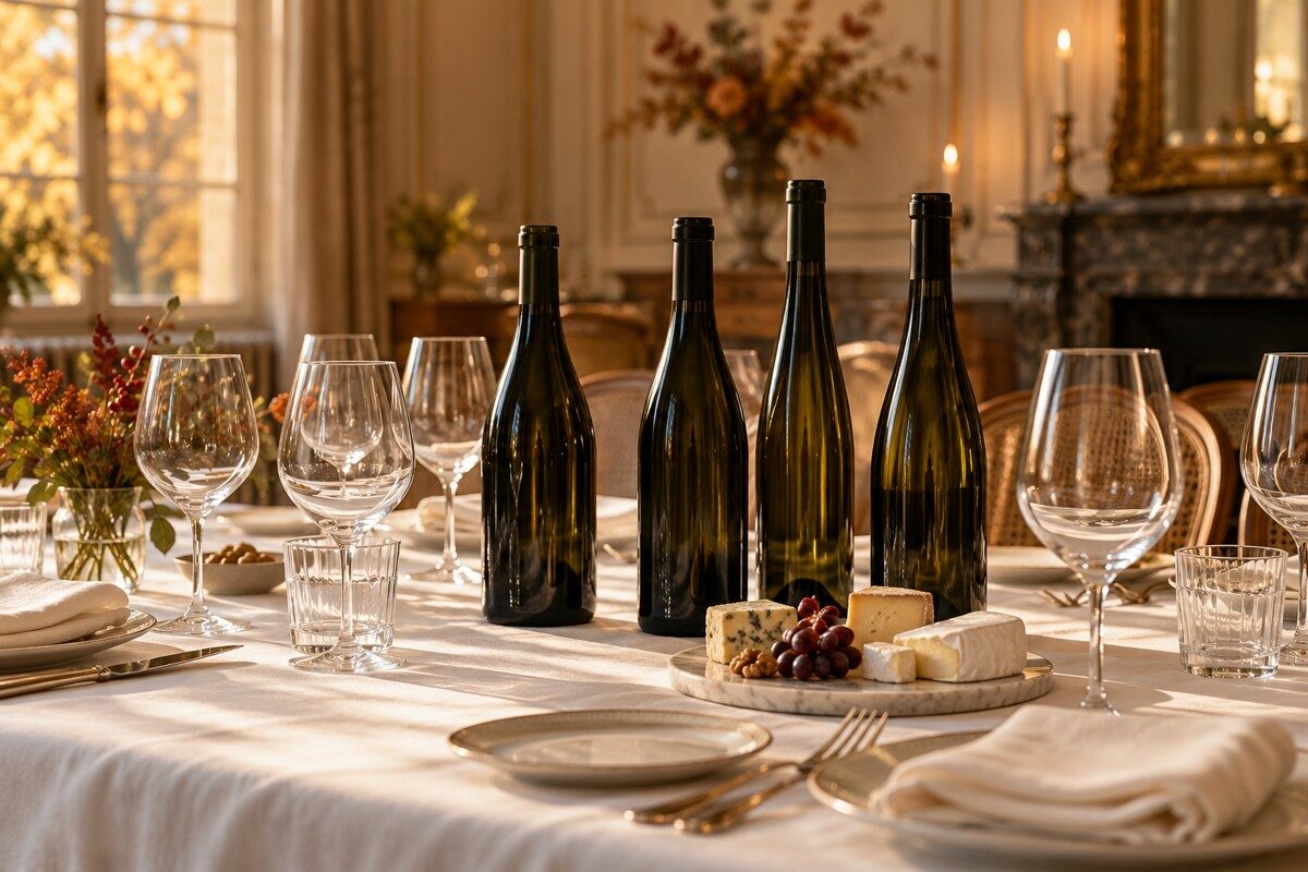 Bouteilles de vin sans étiquette, verres et fromages sur une table de dîner